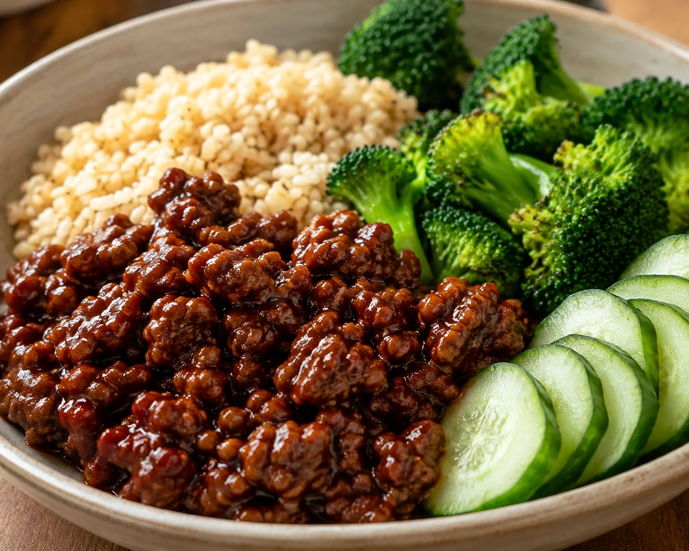 Glossy gochujang beef crumbles sit beside brown rice, tender broccoli, and crisp cucumber slices.