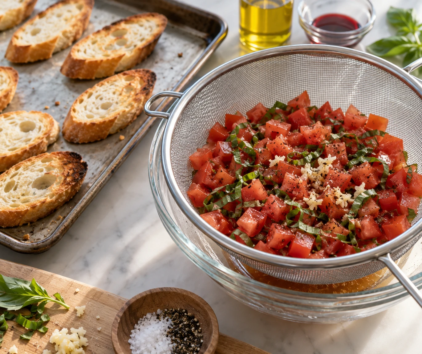 A tomato-basil mixture drains in a strainer beside baguette slices arranged on a sheet pan.