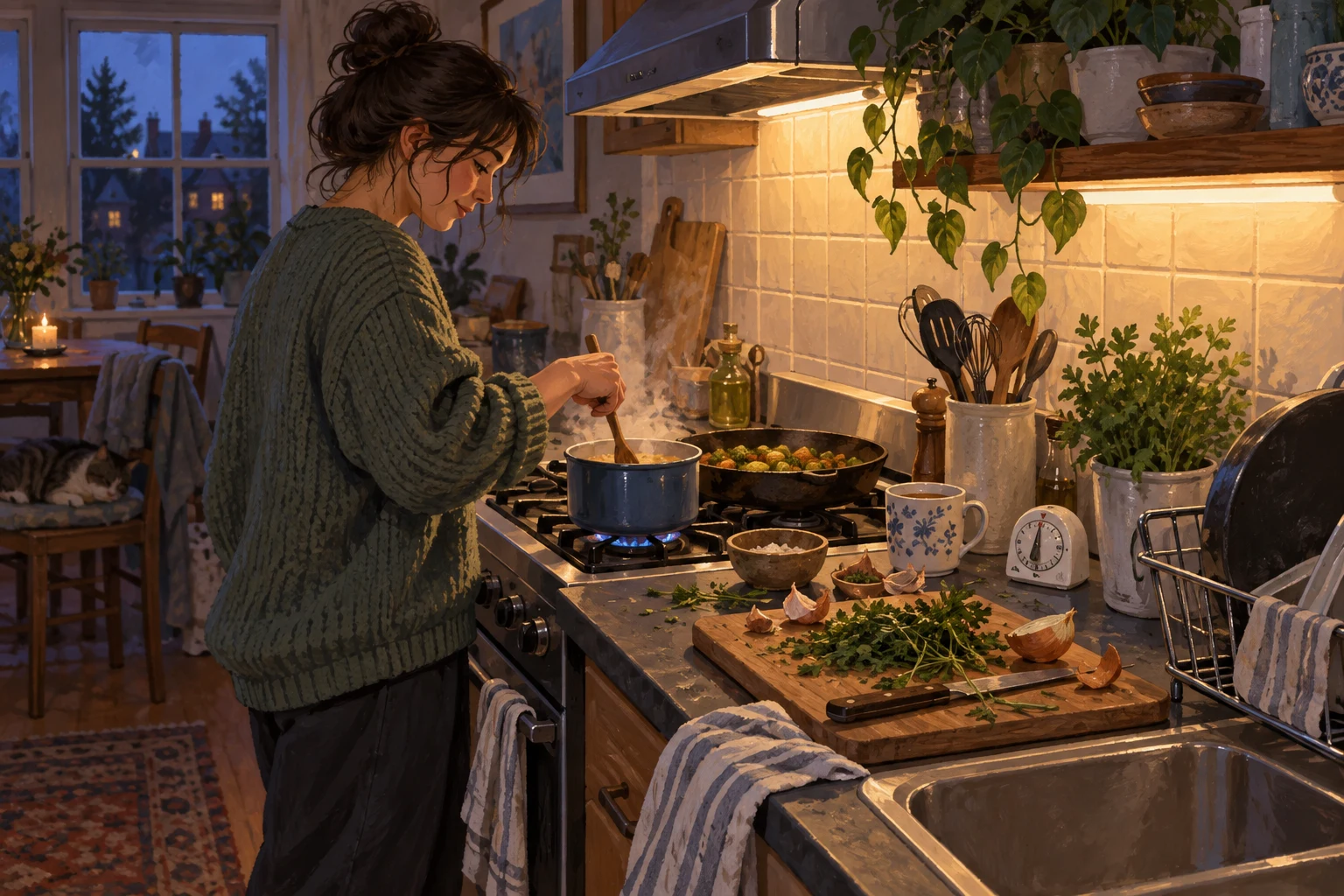 A peaceful, lived-in home kitchen.