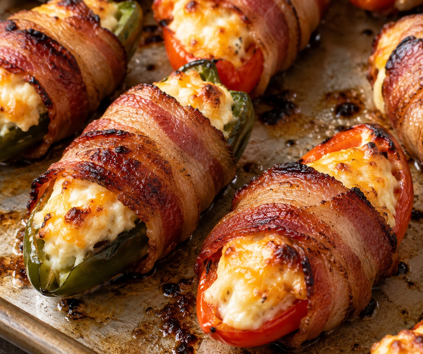 Crisp browned bacon surrounds softened cheese filling in jalapeño and mild sweet pepper halves.