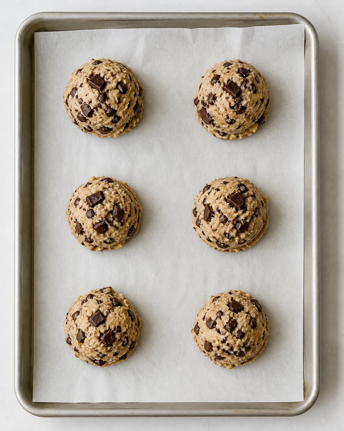 Six chocolate-studded cookie dough mounds are spaced on a parchment-lined baking sheet before baking.
