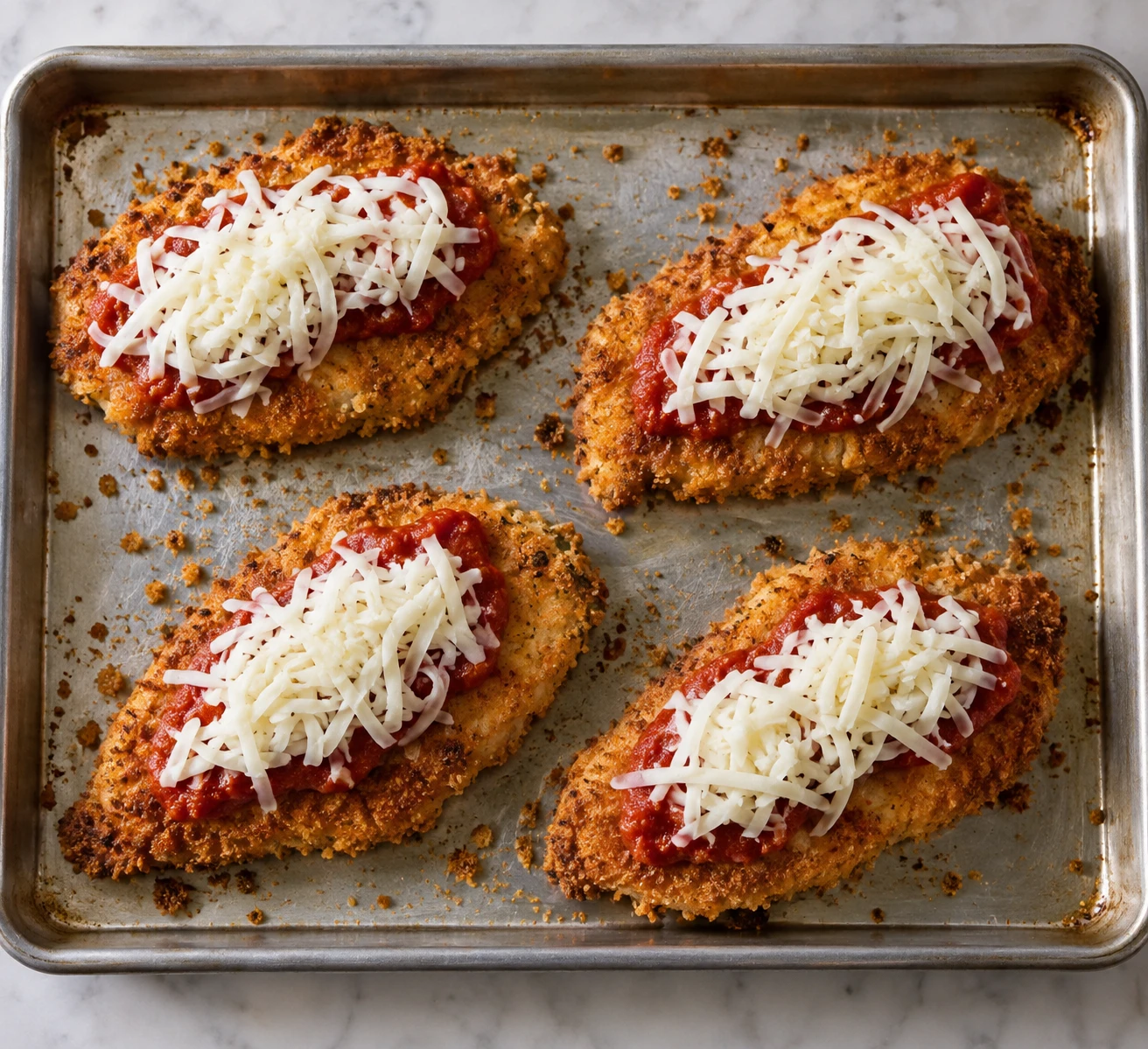Breaded chicken cutlets with center stripes of tomato sauce and mozzarella wait on a baking sheet.