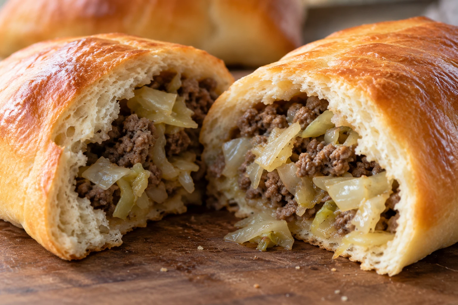 The opened Runza shows a tender bread interior around a moist, well-cooked beef and cabbage filling.