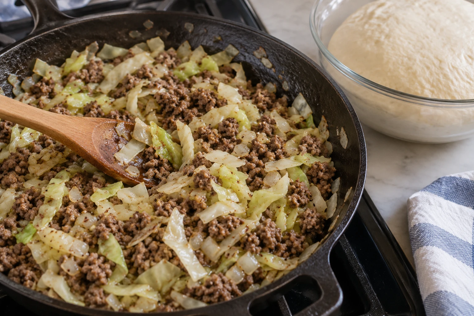 Browned beef is stirred with tender cabbage and onion in a skillet beside risen bread dough.