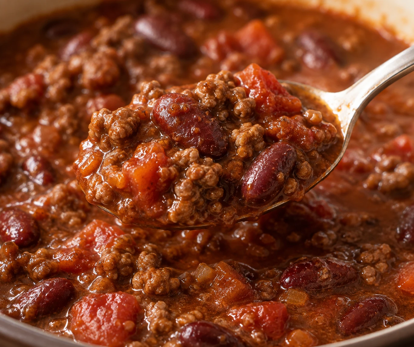A spoonful of thick chili shows browned beef, tender kidney beans, and rich tomato sauce.
