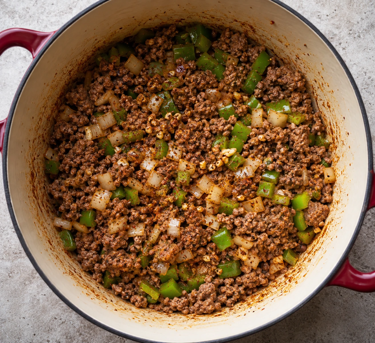 Browned beef, onion, bell pepper, garlic, and spices cook together in a Dutch oven.