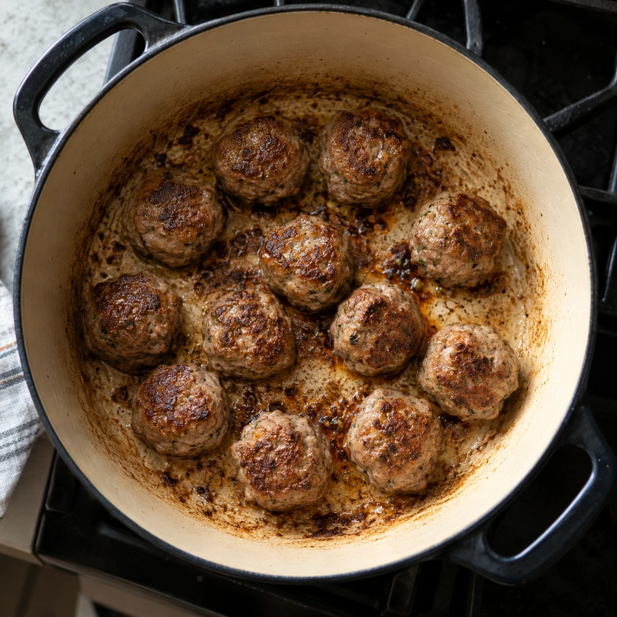 Beef-and-pork meatballs brown in a Dutch oven with caramelized bits visible on the pot bottom.