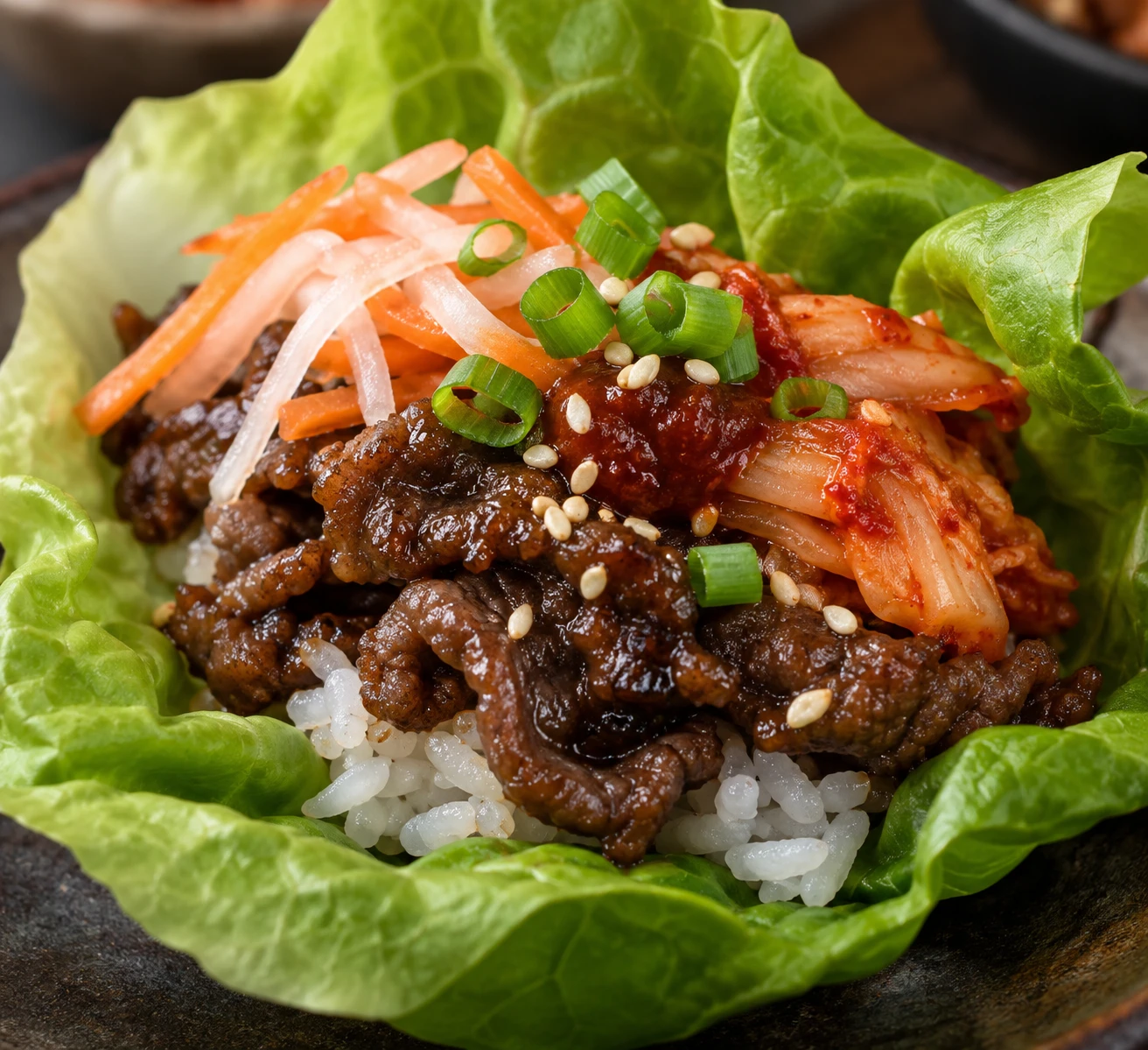 A close lettuce wrap reveals glossy bulgogi, rice, crisp pickles, kimchi, ssamjang, scallion, and sesame seeds.