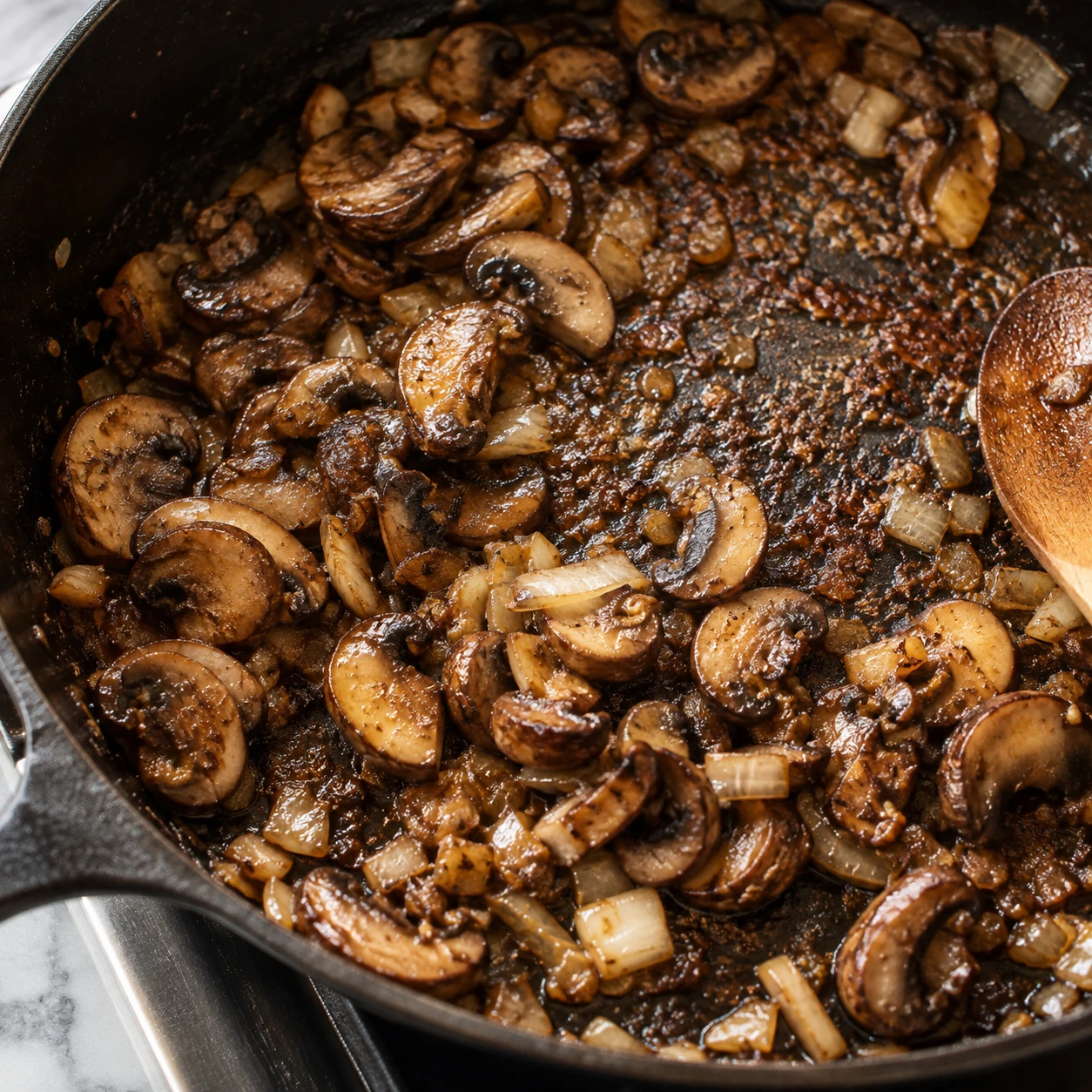 Deeply browned mushrooms and softened onions sit over caramelized fond in a dark skillet.