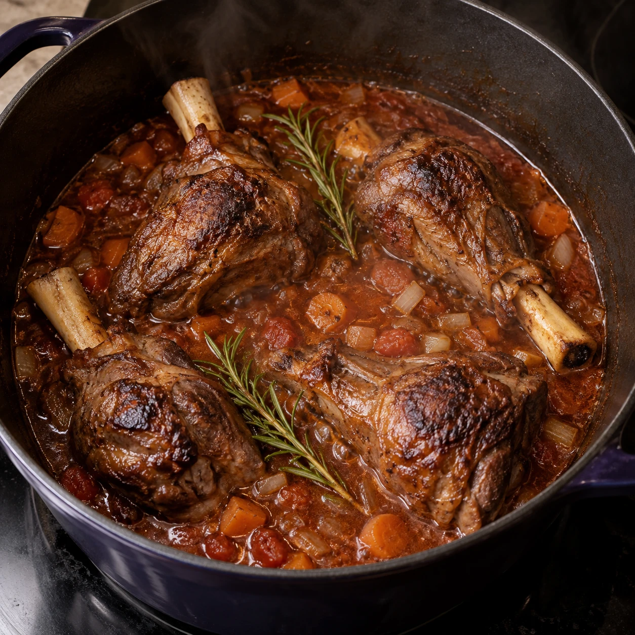 Browned lamb shanks sit in aromatic tomato braising liquid with rosemary inside a Dutch oven.