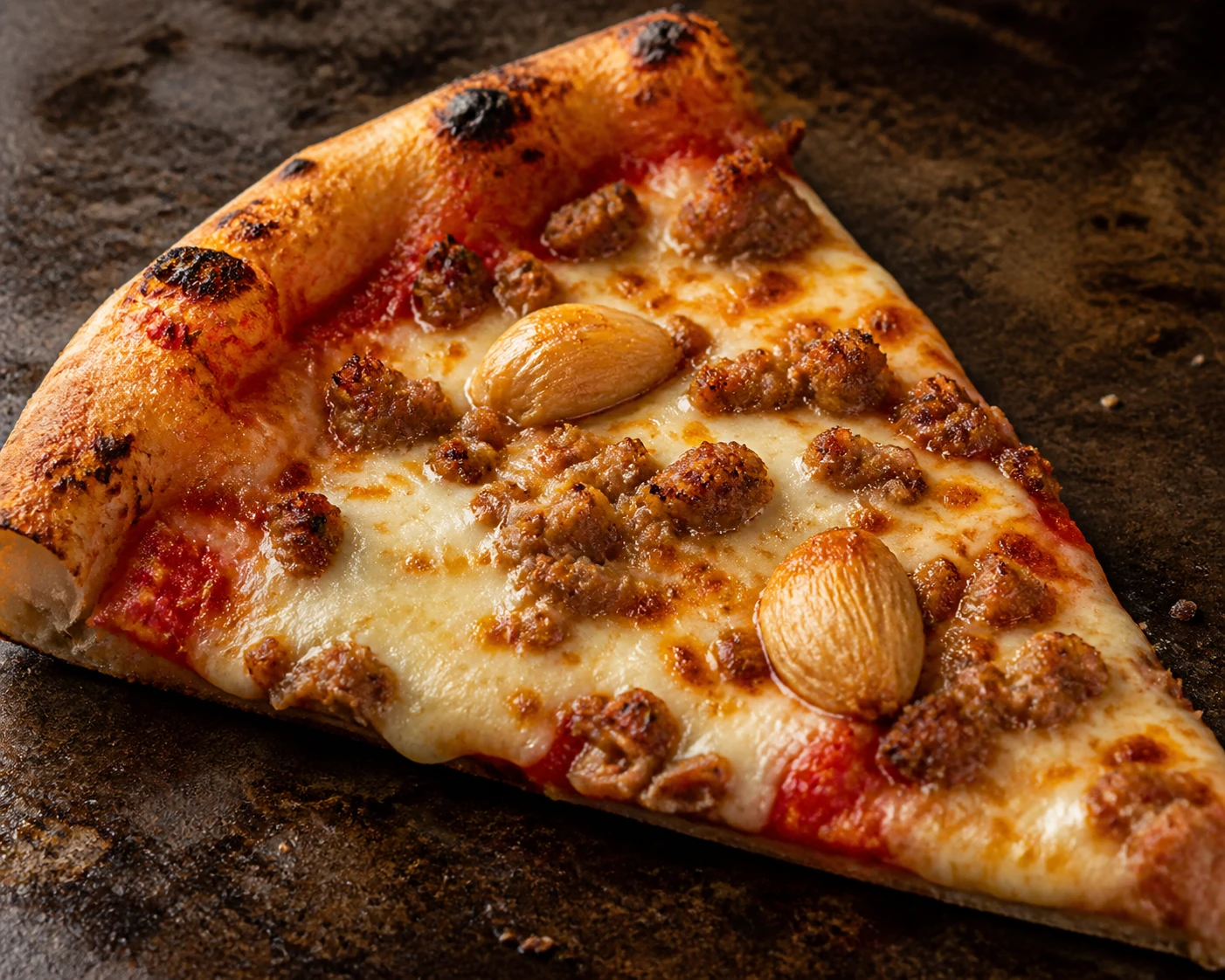 A crisp pizza slice has blistered mozzarella, browned pork crumbles, and roasted garlic chunks.