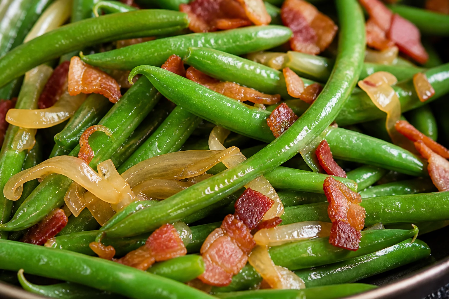 Vivid green beans with glossy onion ribbons and crisp bacon show a crisp-tender finished texture.