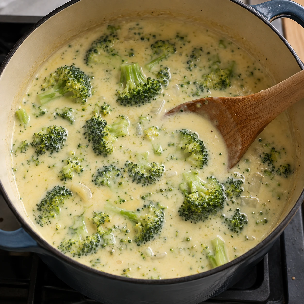Broccoli florets simmer in a pale creamy base in a heavy soup pot.