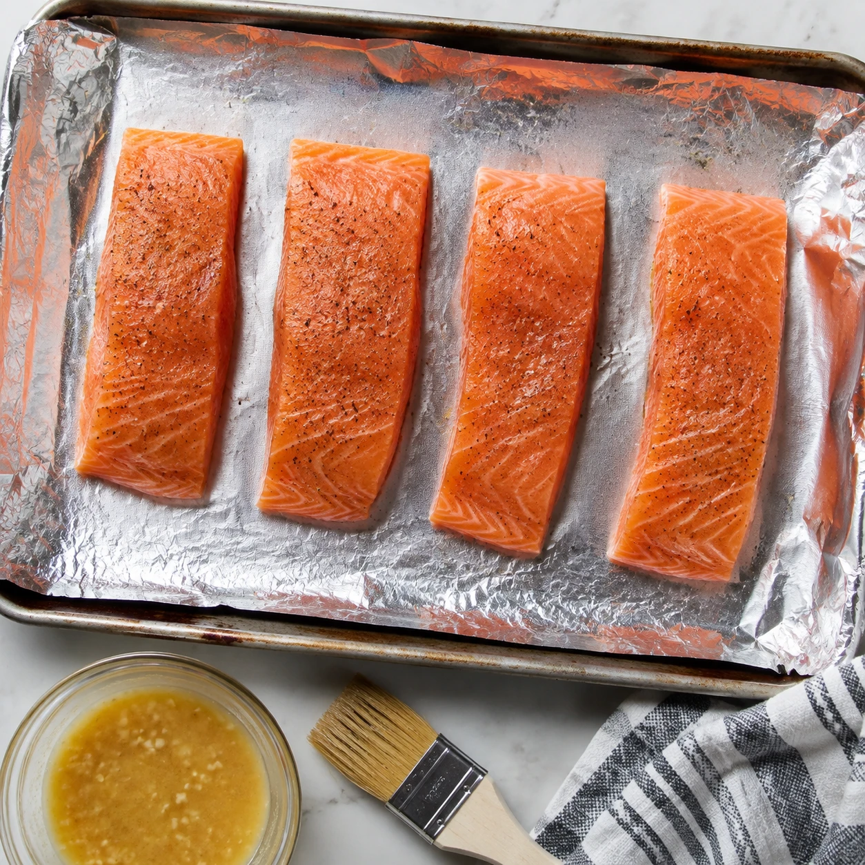 Portioned salmon fillets sit on a foil-lined sheet pan beside a bowl of Dijon lemon garlic glaze.
