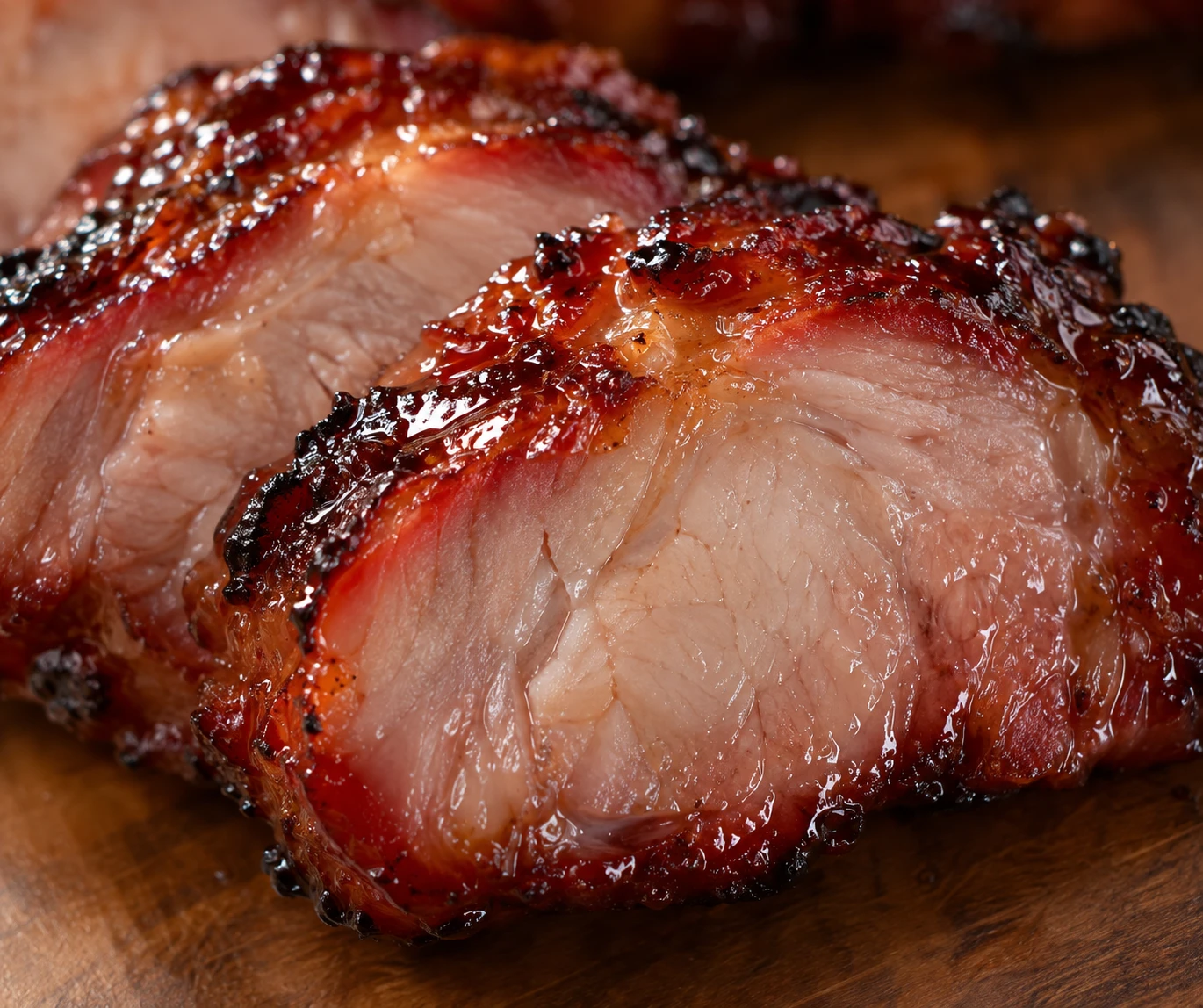 Close-up char siu slices show a juicy center, glossy caramelized crust, and a lightly charred edge.