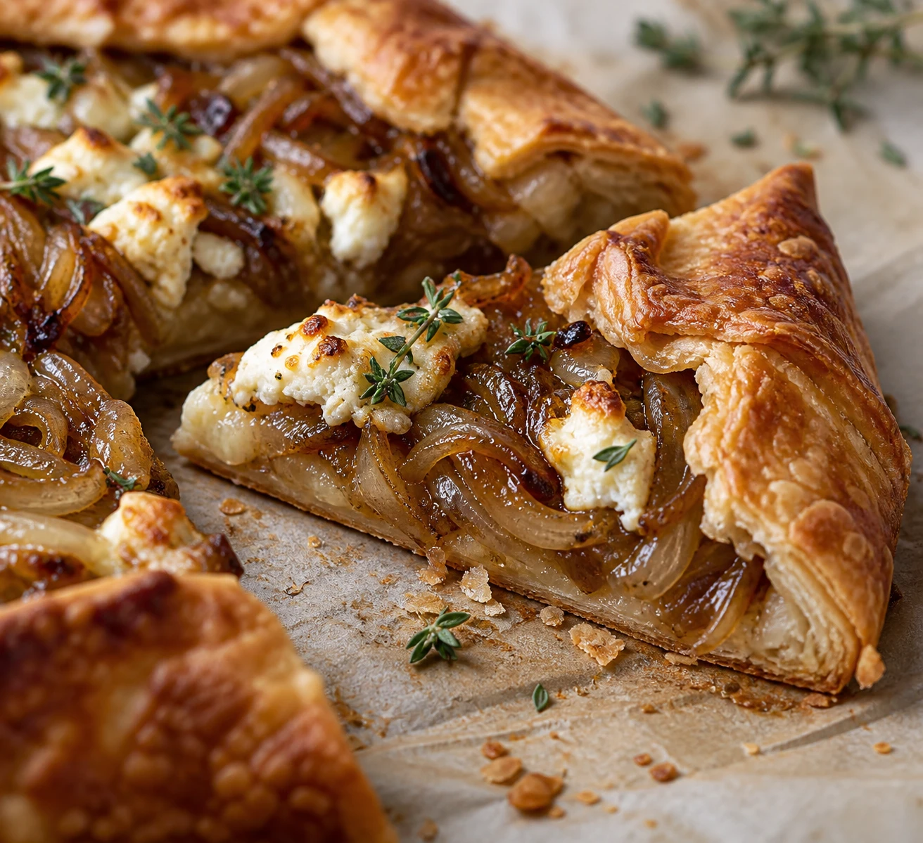 A cut galette wedge shows crisp flaky crust, glossy caramelized onions, soft goat cheese, and thyme.
