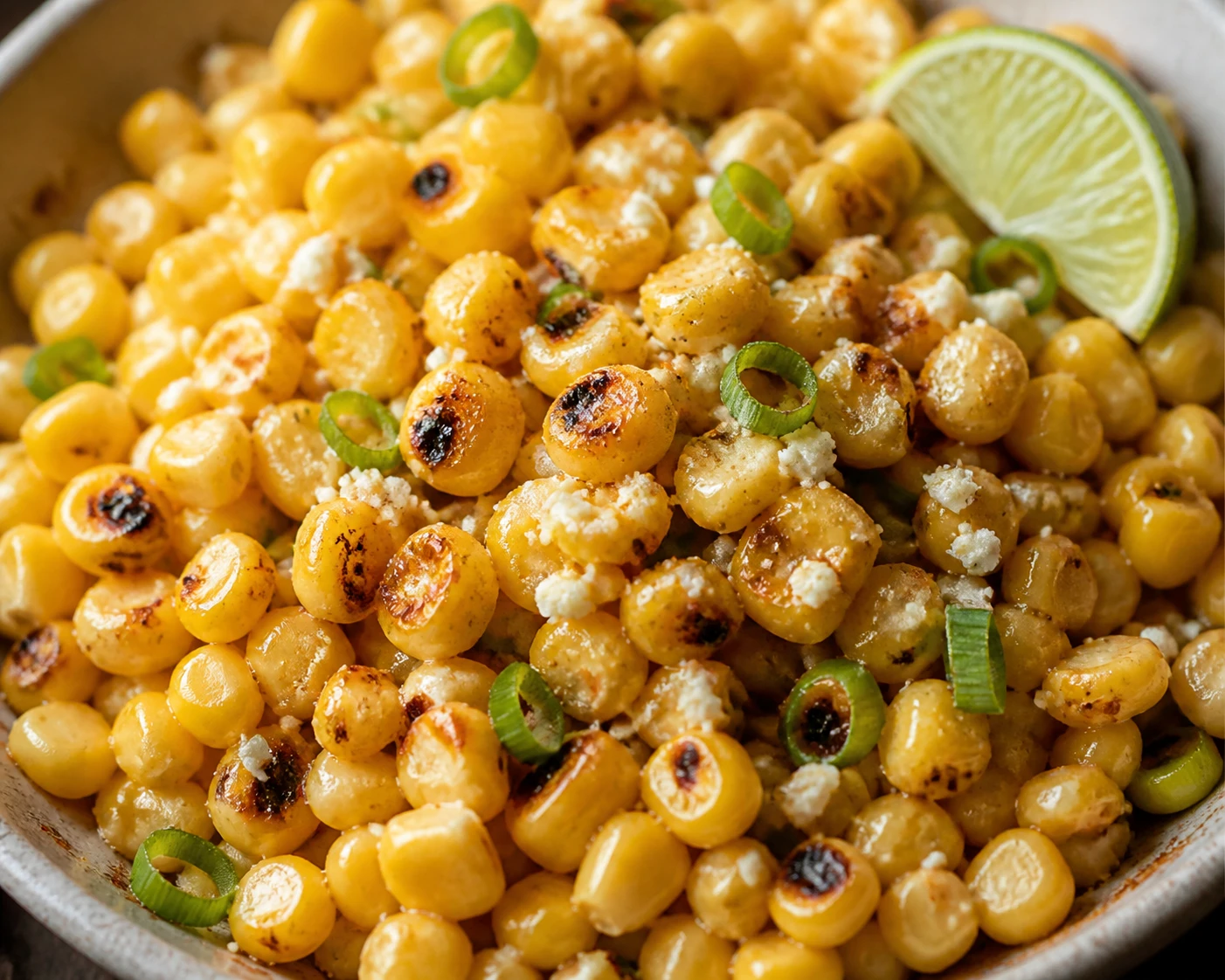 Golden corn kernels with dark char spots, scallion slices, Cotija crumbles, and a glossy lime-butter finish.
