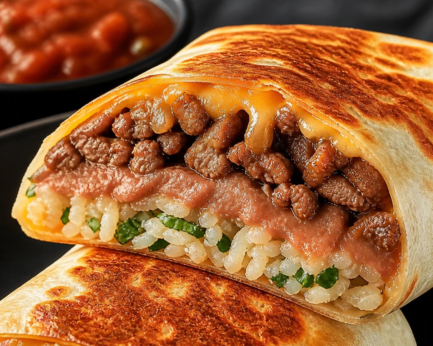 A sliced crisp burrito reveals distinct layers of browned beef, creamy beans, cilantro rice, and melted cheese.