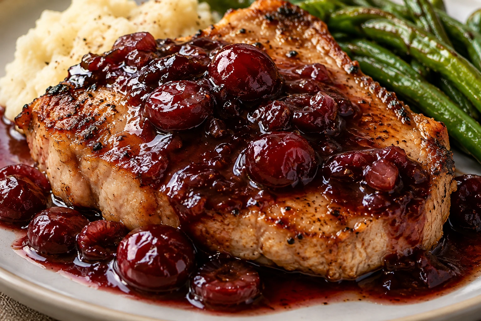 Tart cherries and balsamic form a glossy sauce over the browned pork chop.