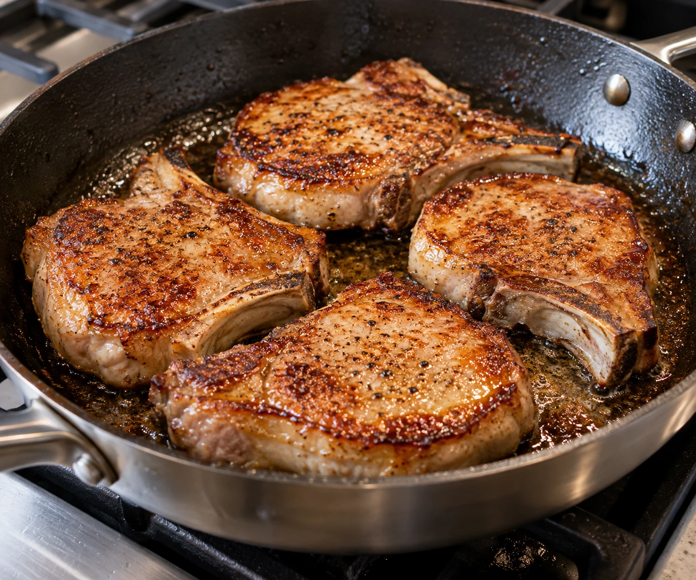 Pork chops develop a deep brown sear in a large skillet before resting.