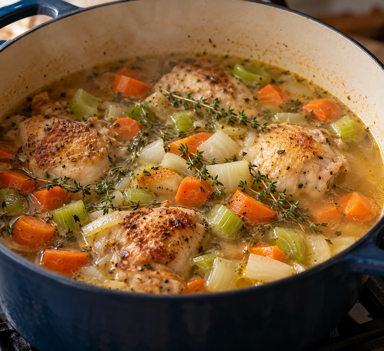 Browned chicken and vegetables simmer in a loose thyme-scented broth inside a Dutch oven.