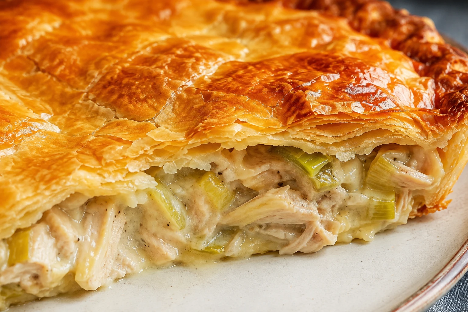 Flaky deep-golden pastry and thick creamy chicken-and-leek filling show the pie's finished texture.