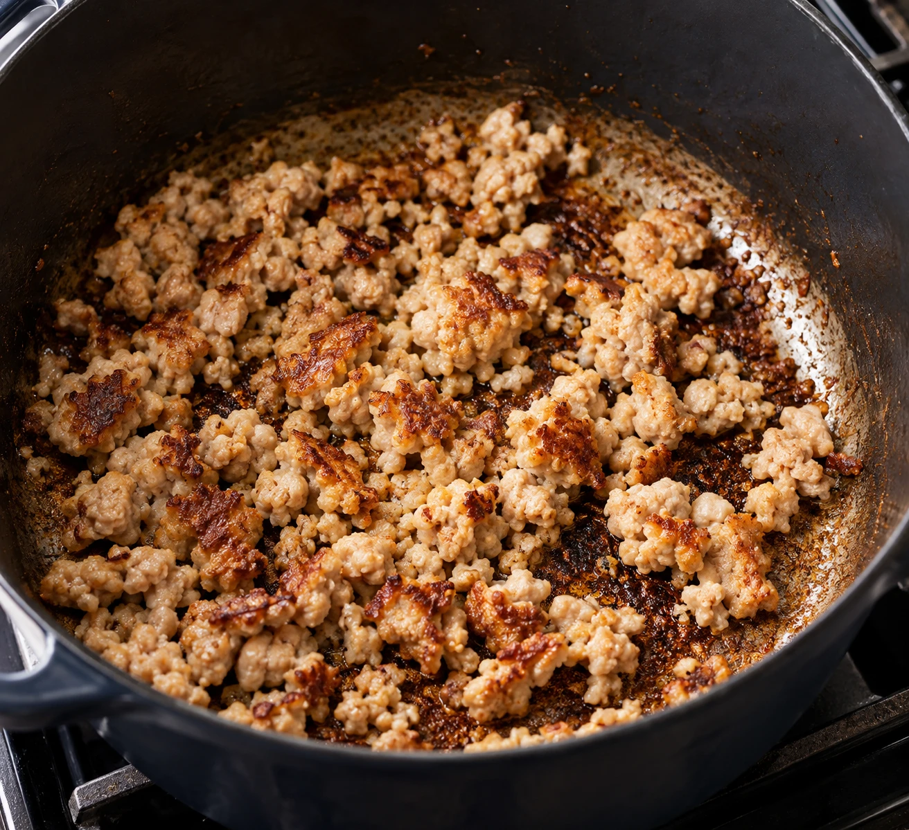 Ground chicken develops browned patches in a Dutch oven before the diced vegetables are added.