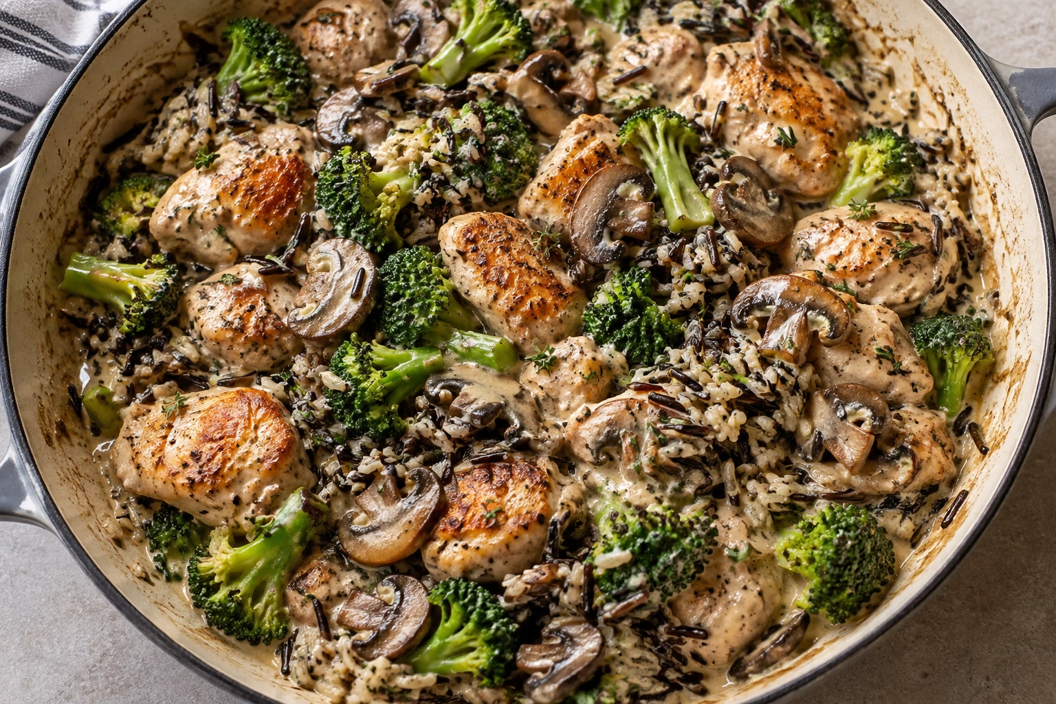 Browned chicken, bright broccoli, and distinct wild rice are folded into thick mushroom cream sauce.