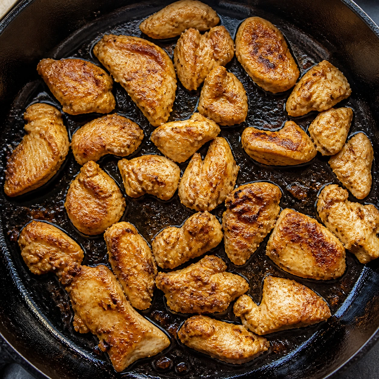 Marinated chicken strips sear in a spacious layer in a cast-iron skillet, showing browned edges.