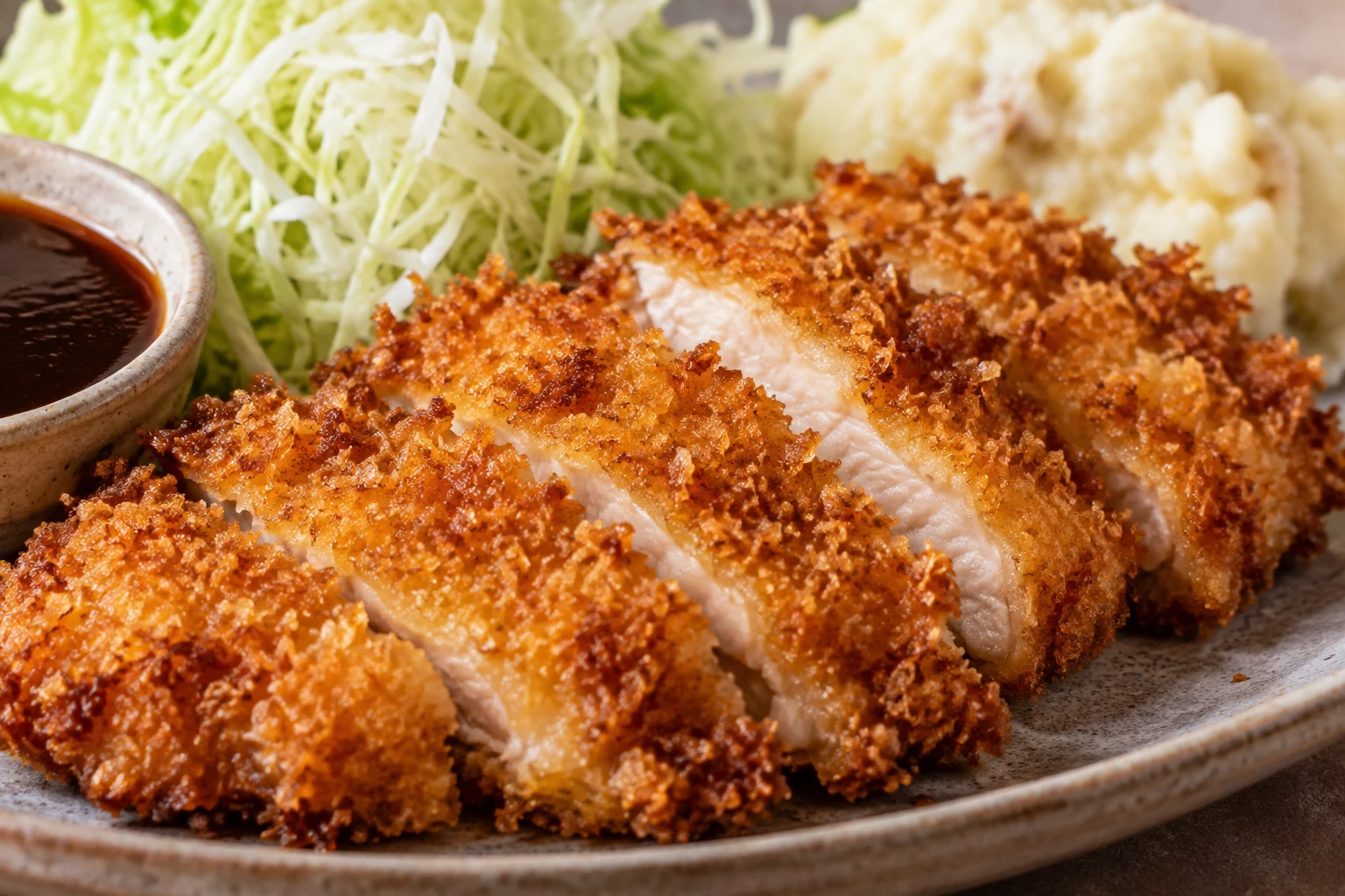 Crisp panko crust and tender sliced chicken katsu beside white-miso mash and cabbage.