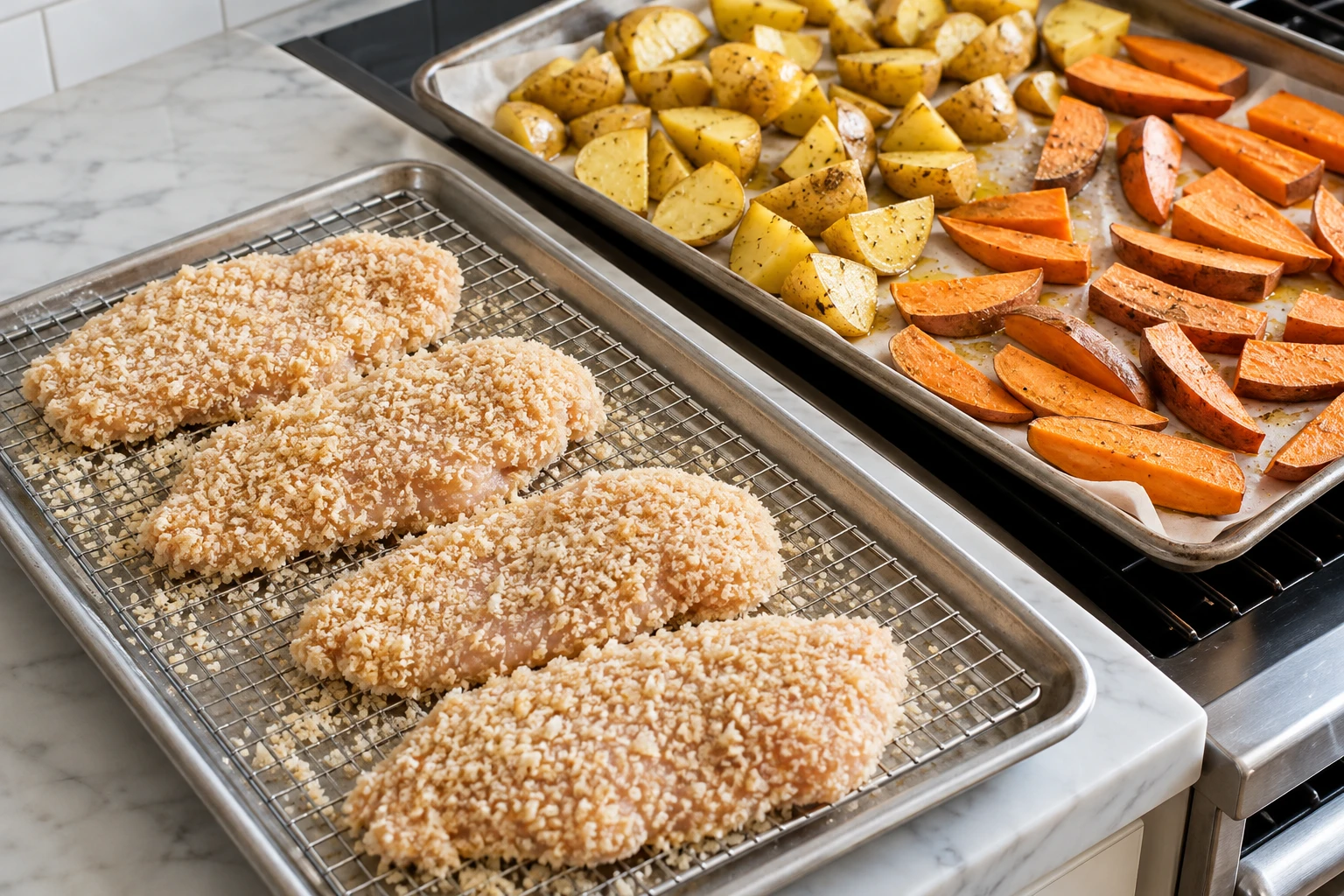 Panko-coated chicken cutlets wait beside a sheet pan of Yukon Gold chunks and sweet-potato wedges.