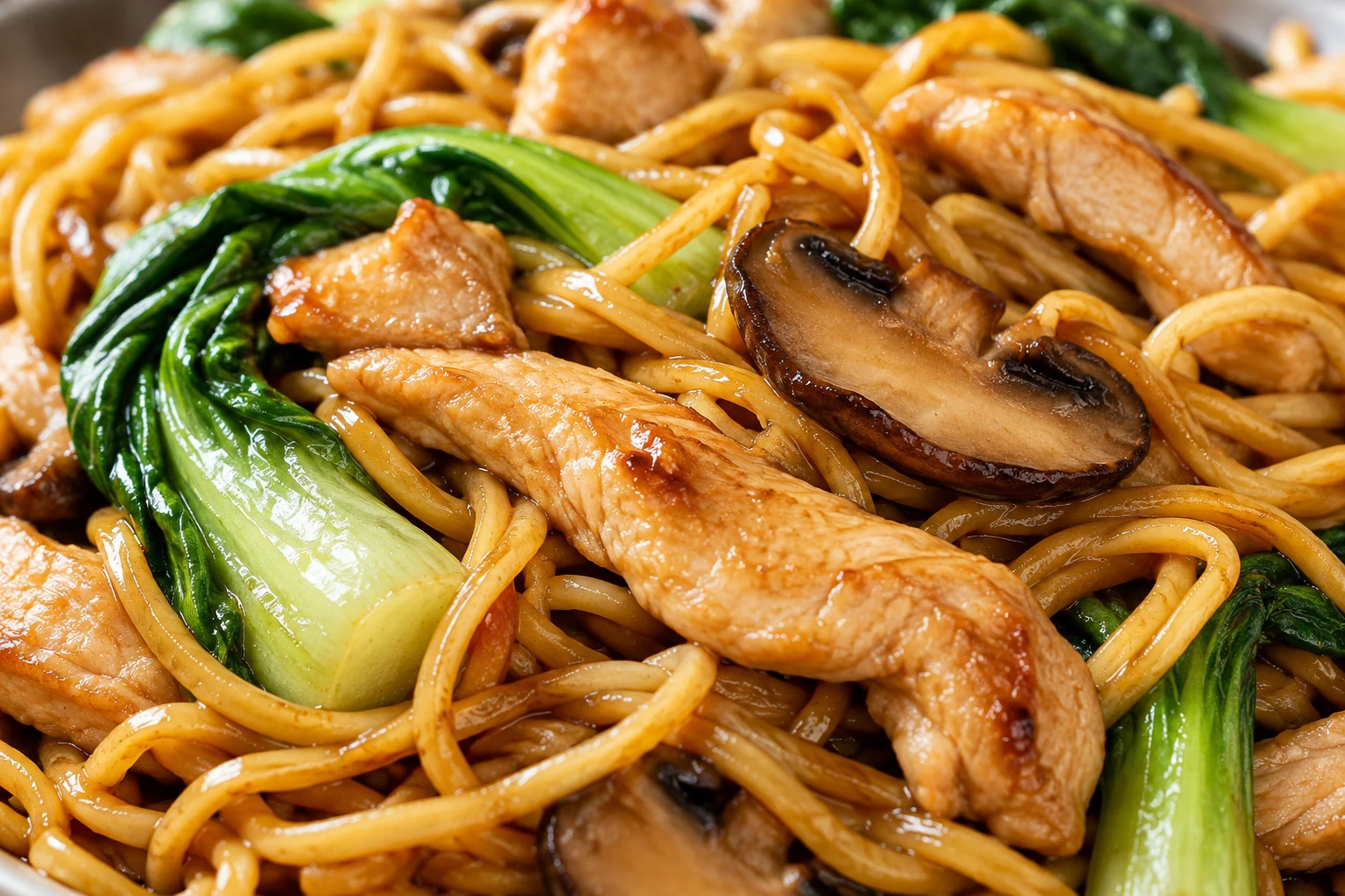 Glossy egg noodle strands curl beside thin chicken strips, a browned mushroom slice, and bok choy.