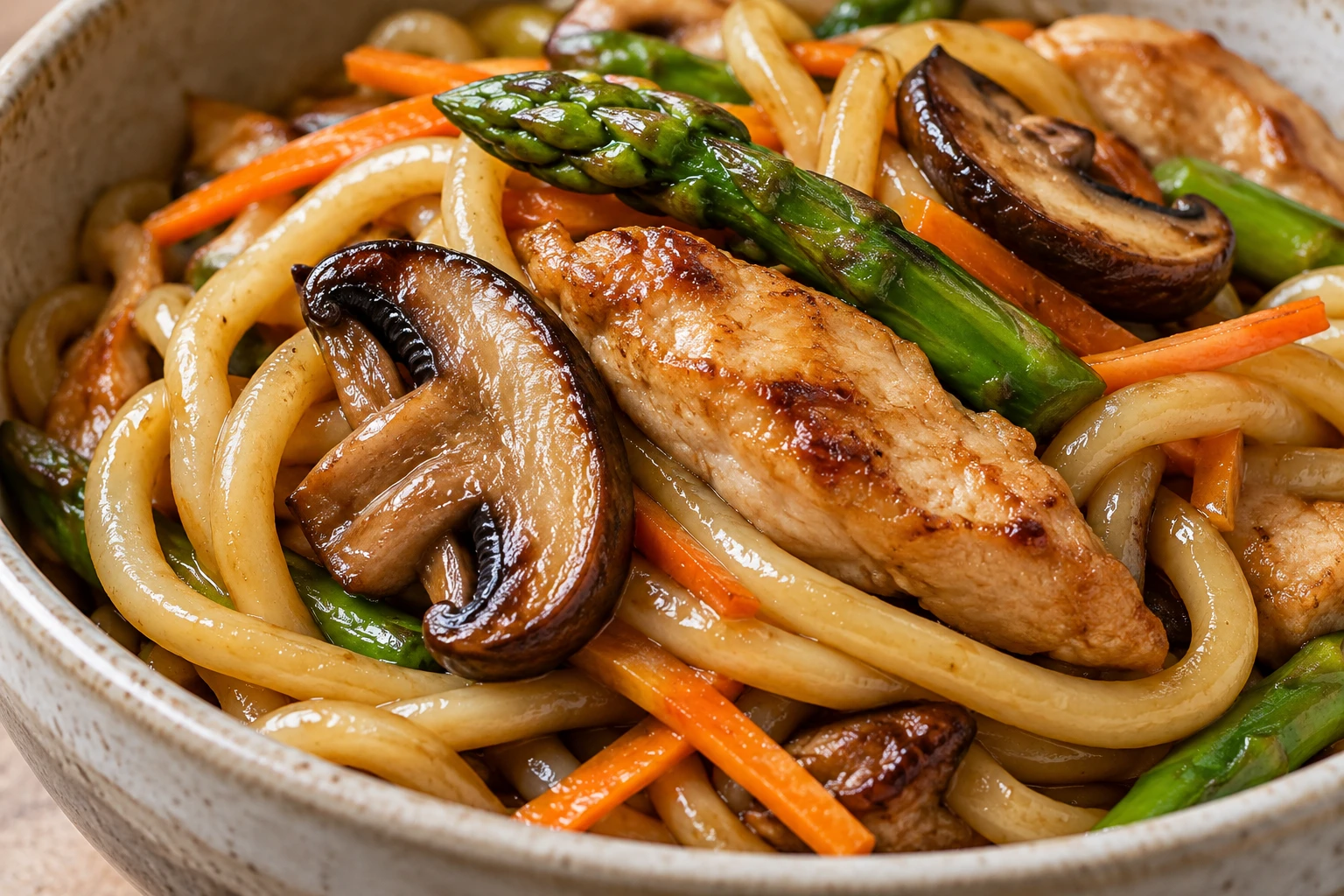 Thick udon noodles glisten beside seared chicken, a browned mushroom slice, and a bright green asparagus tip.