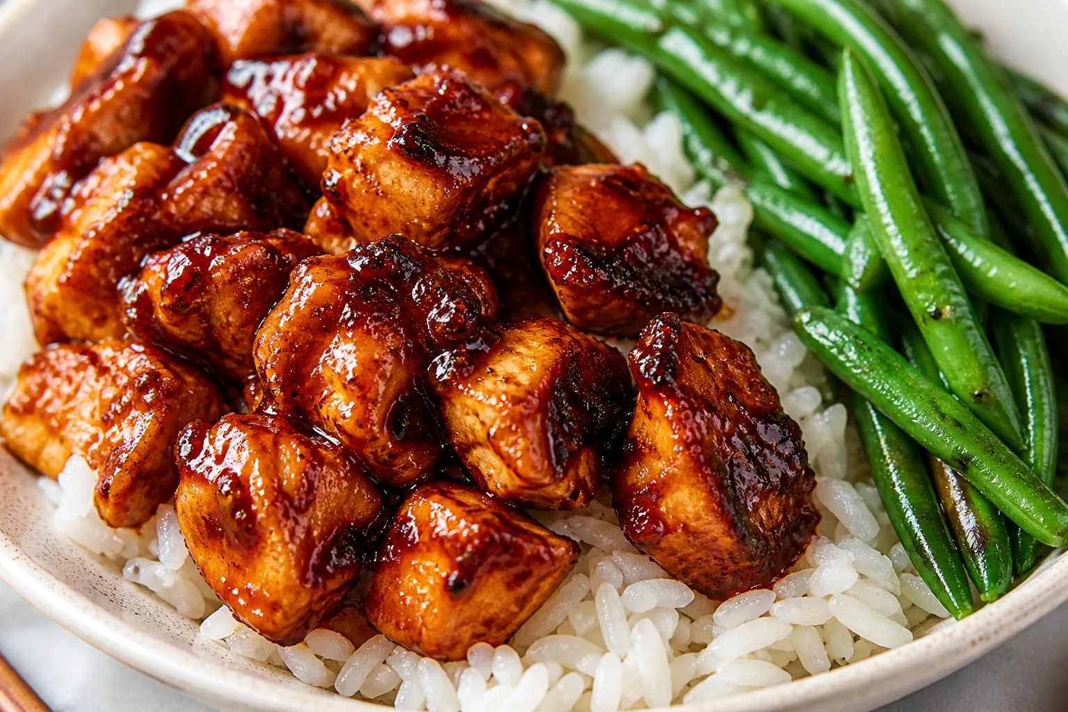 Sticky chipotle chicken bites rest over rice beside crisp green beans.