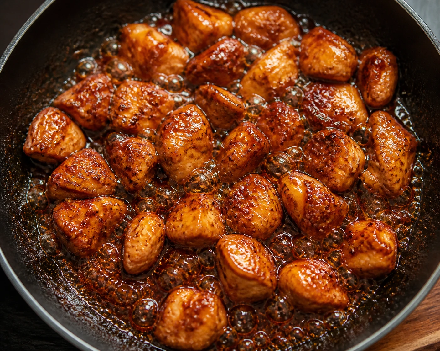 Browned chicken bites cook in a bubbling red-brown chipotle glaze in a skillet.