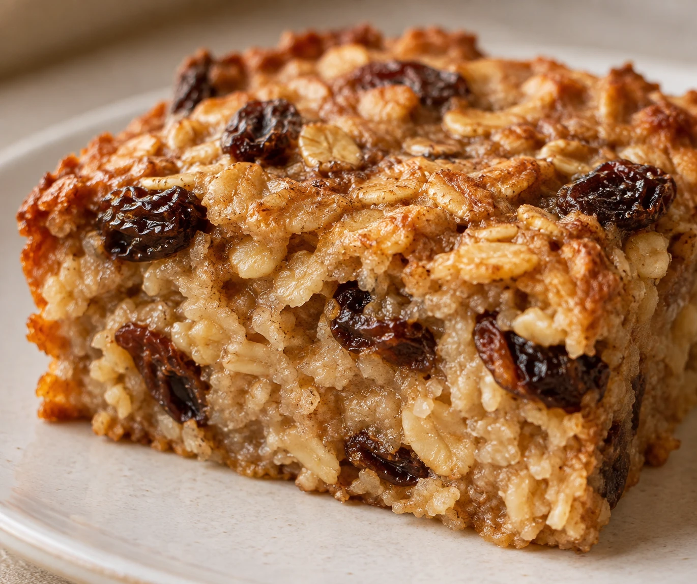 A close view shows tender oats, embedded raisins, and the square's golden top.