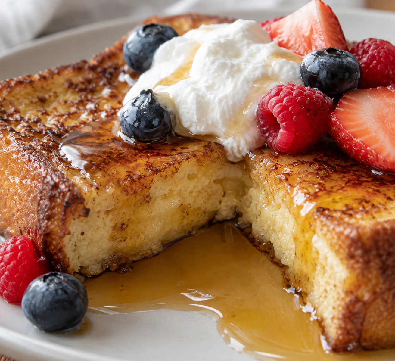 A cut slice of golden French toast shows a tender custardy center beneath syrup, berries, and whipped cream.