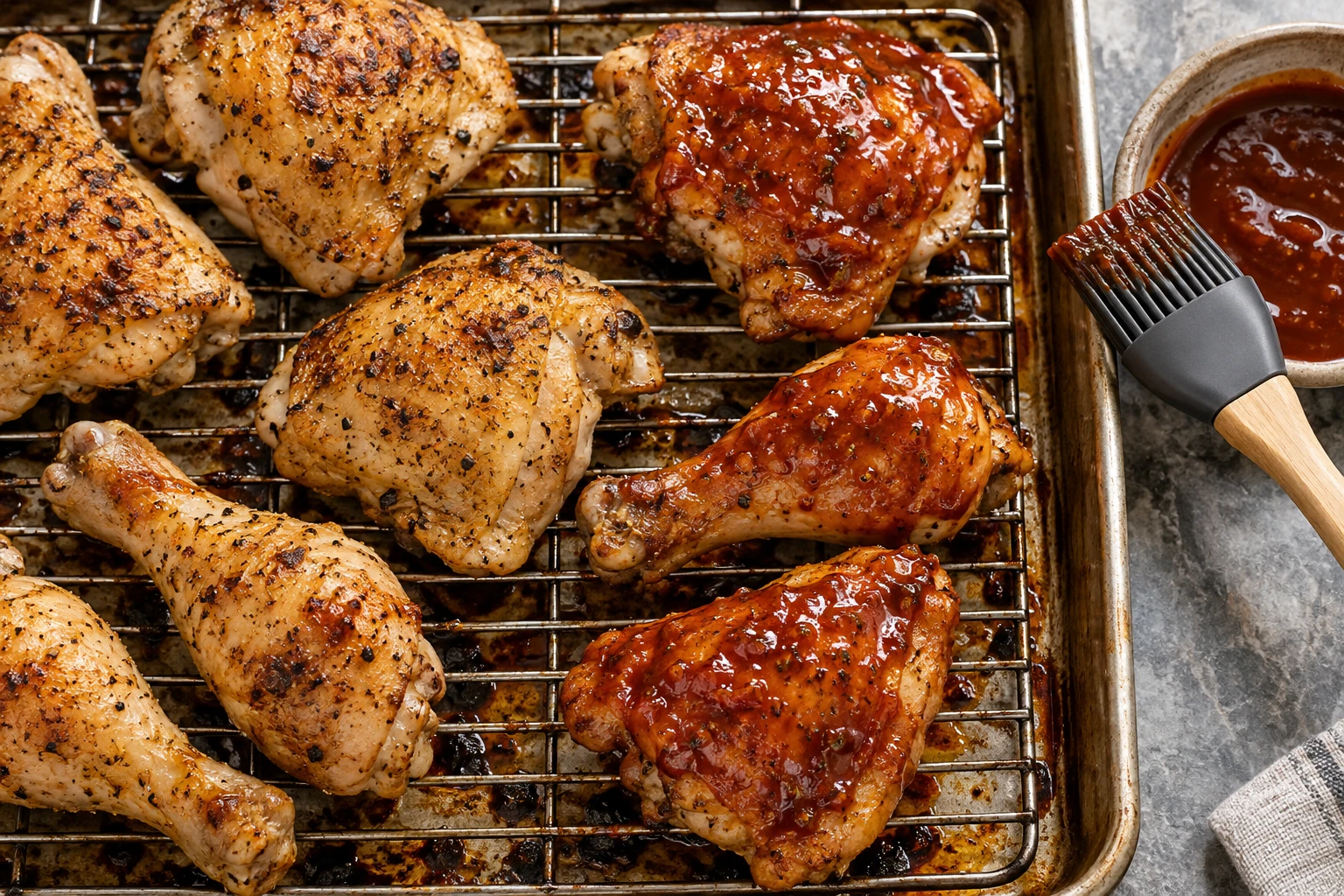 Browned chicken on a roasting rack receives a first thin barbecue glaze beside a sauce bowl and brush.