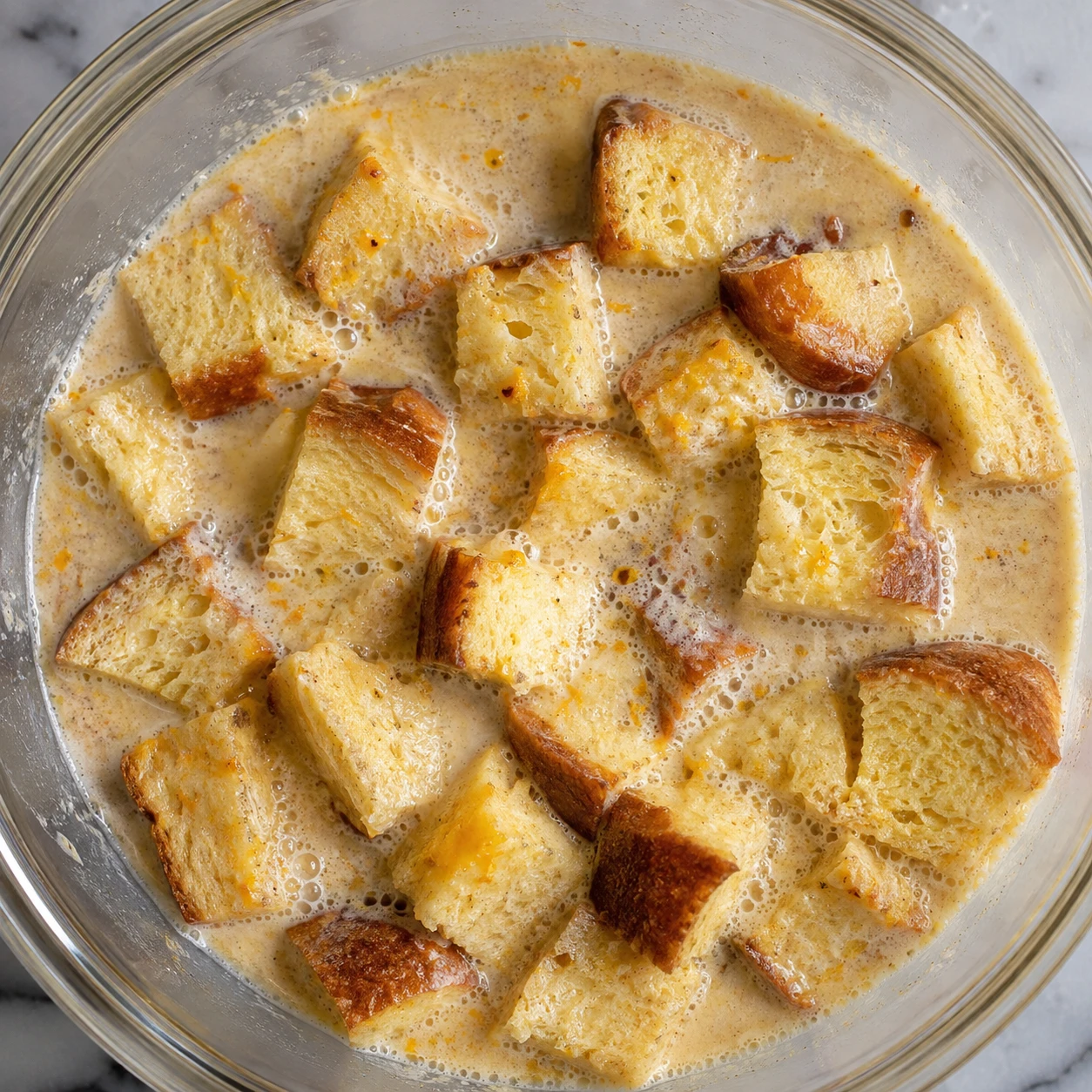 Cubed brioche soaks in vanilla-cinnamon custard flecked with orange zest in a mixing bowl.