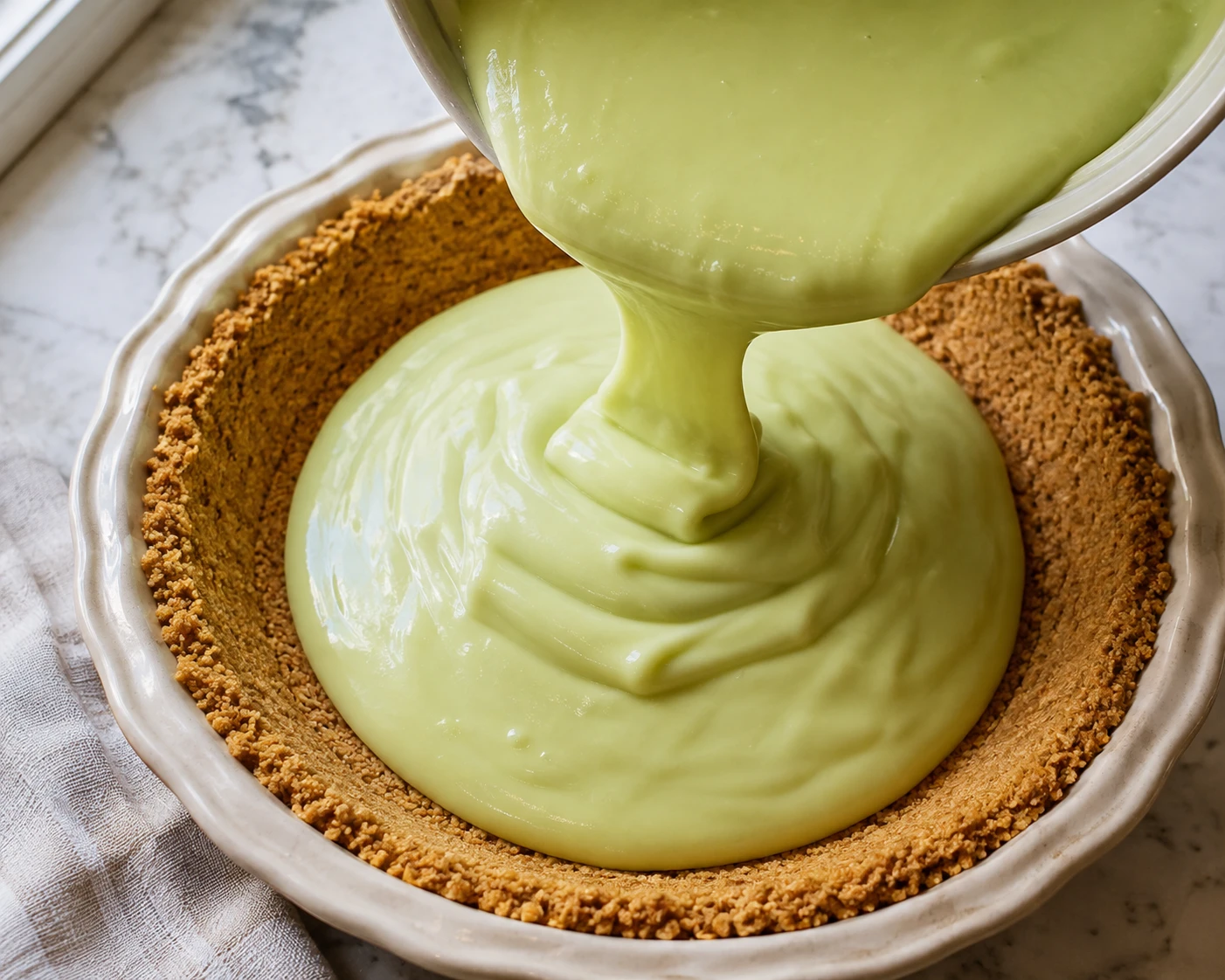 Glossy lime custard fills a baked golden graham cracker crust in a ceramic pie plate.