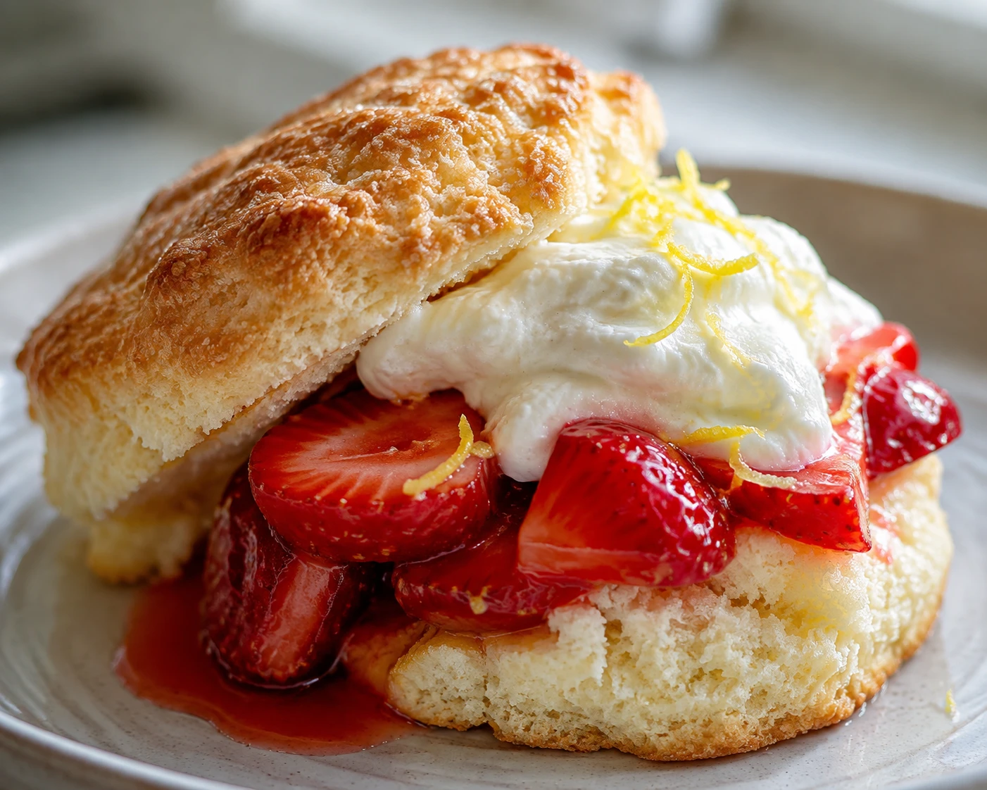 A close strawberry shortcake shows tender biscuit crumb, crisp top, juicy berries, whipped cream, and lemon zest.