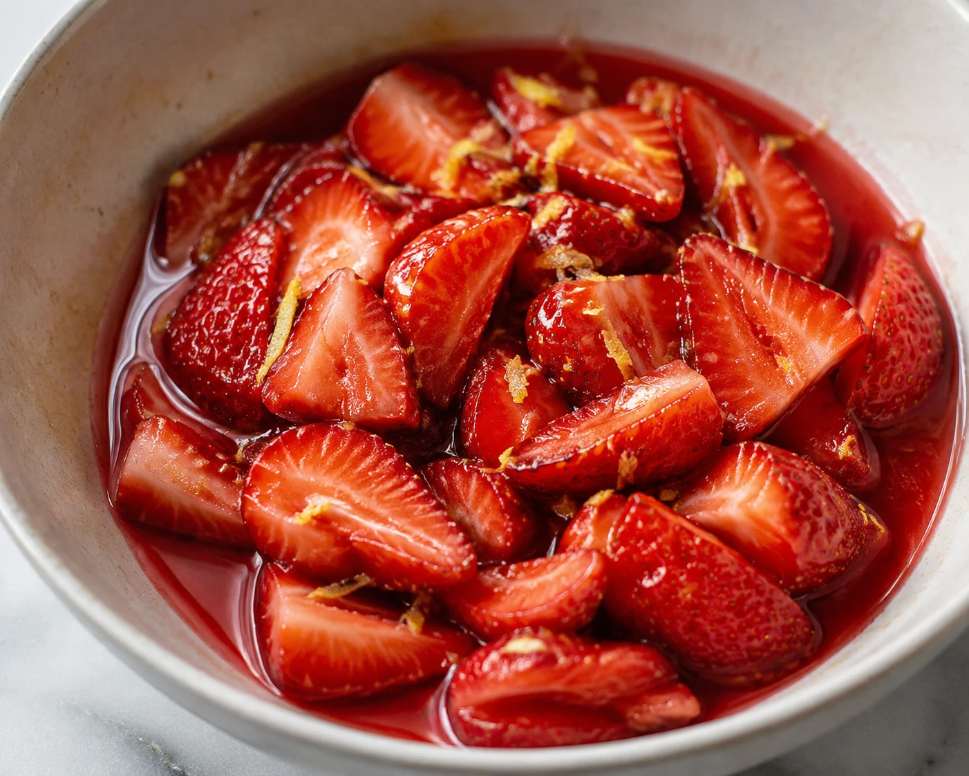 Sliced strawberries glisten in ruby juice with fine lemon zest during maceration in a bowl.