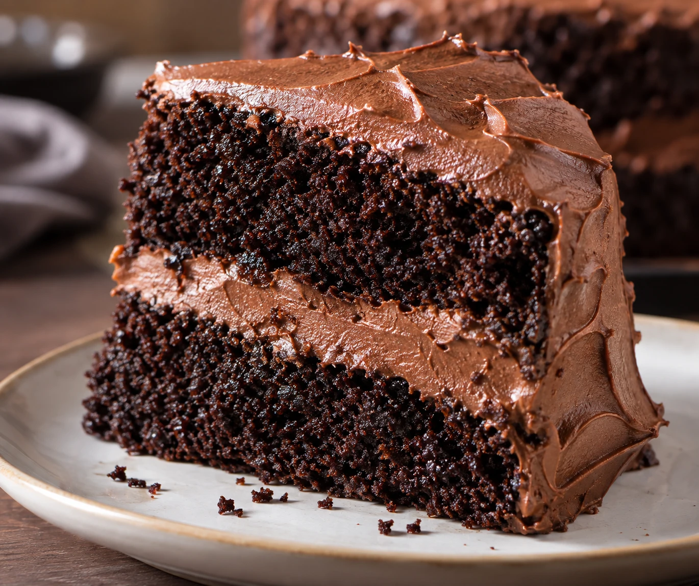 A chocolate cake slice reveals moist cocoa layers separated by fluffy chocolate buttercream.