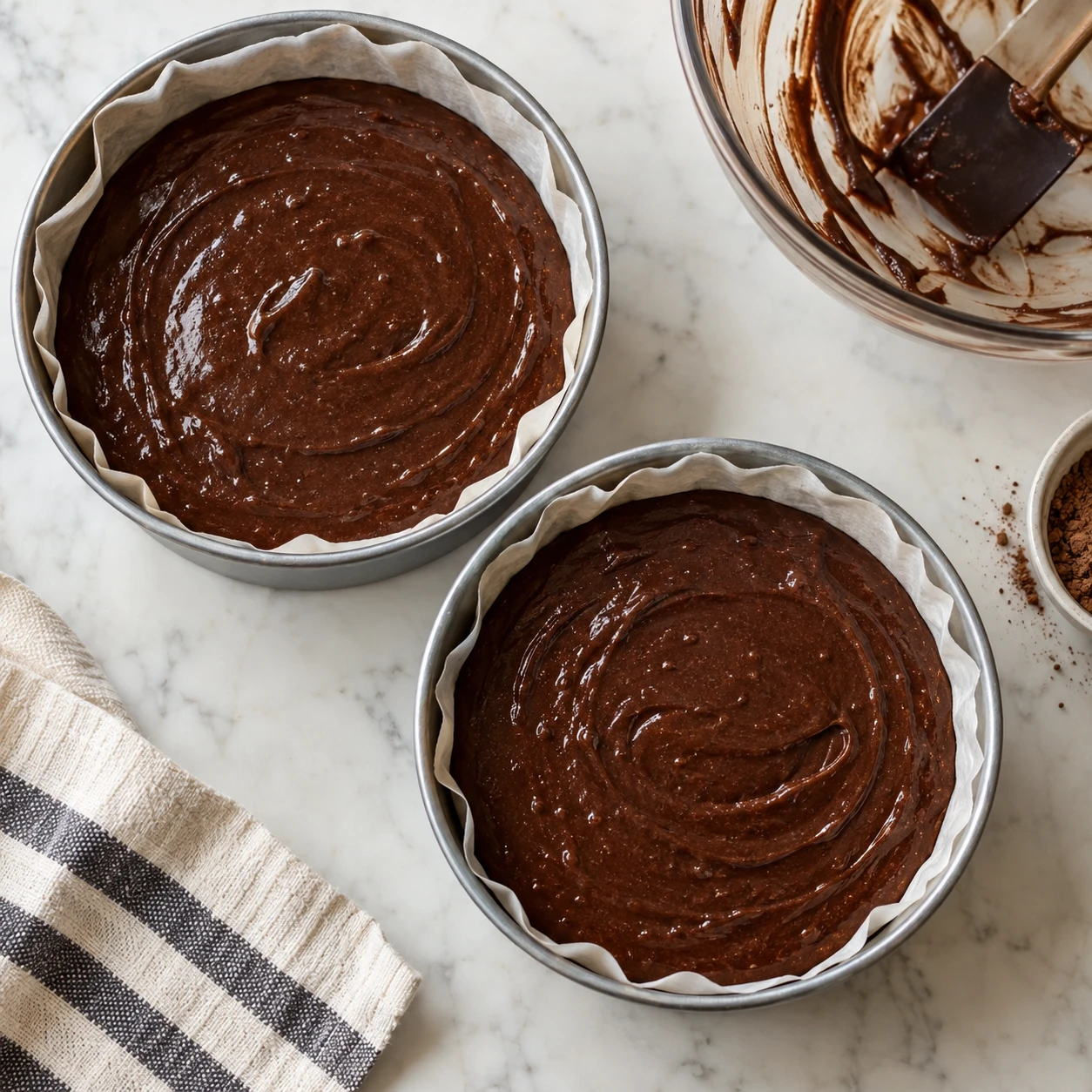 Glossy chocolate batter fills two parchment-lined round cake pans before baking.