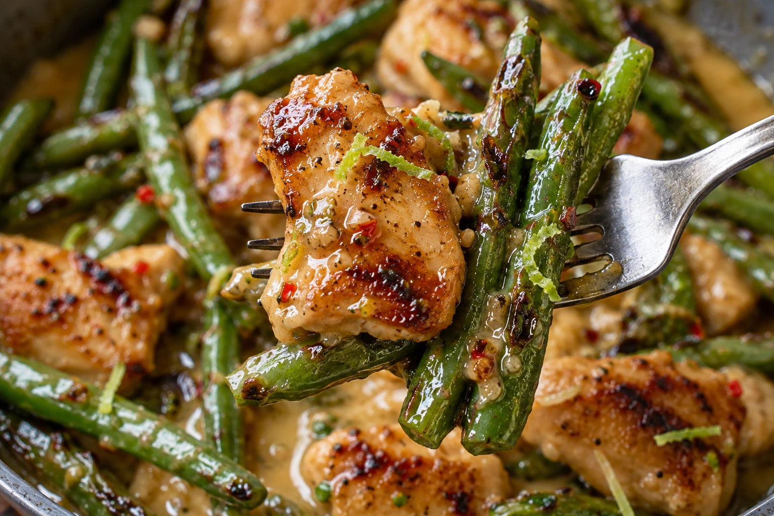 A browned chicken piece and blistered green beans carry a thin glossy coconut sauce with lime zest.