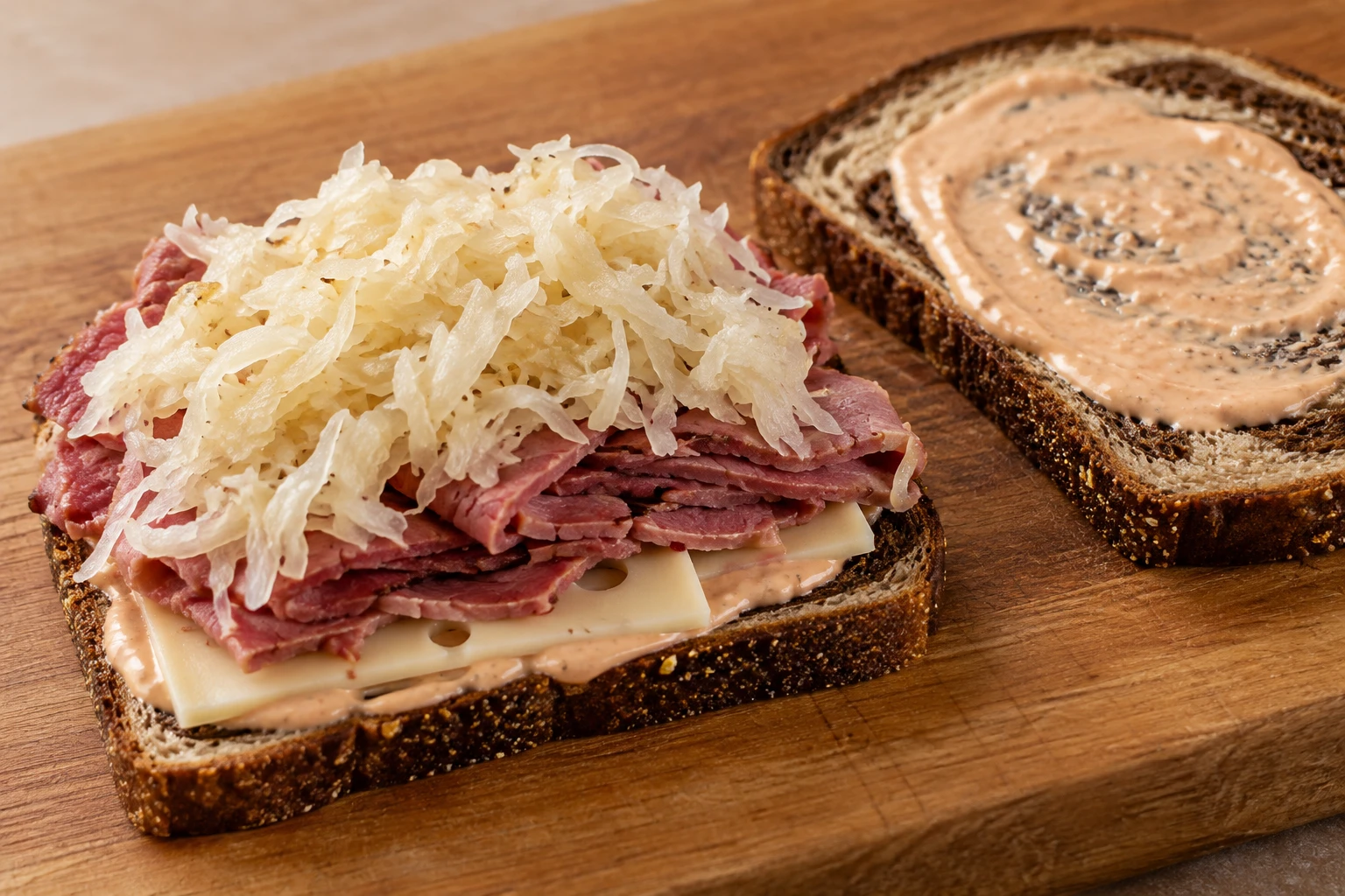 Rye is layered with Russian dressing, Swiss, corned beef, and well-drained sauerkraut before griddling.