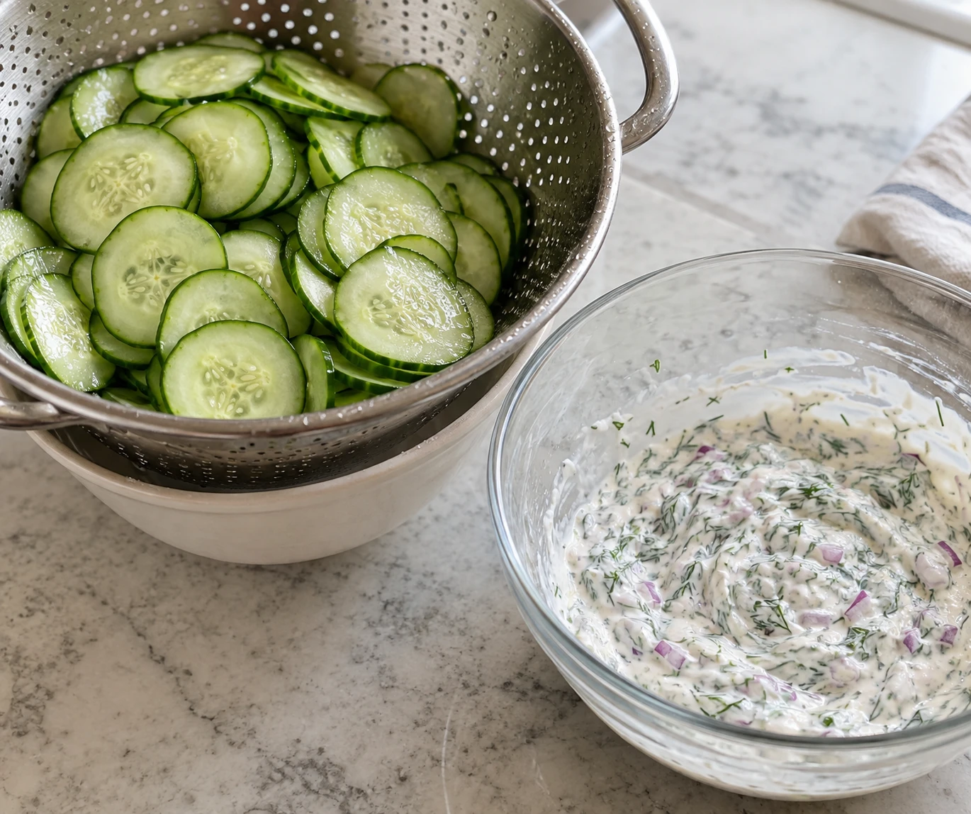 Thin cucumber rounds drain in a colander beside a bowl of dill sour-cream dressing.