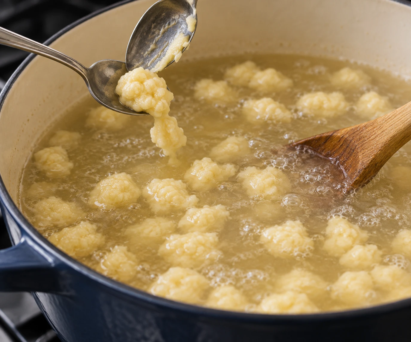 Two spoons portion small soft dumplings into a gently simmering potato broth.
