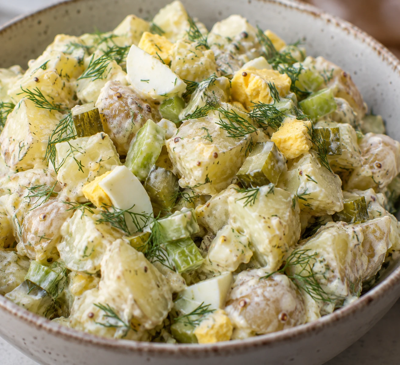Intact potato pieces, chopped egg, celery, pickles, and dill are visible in the creamy dressing.