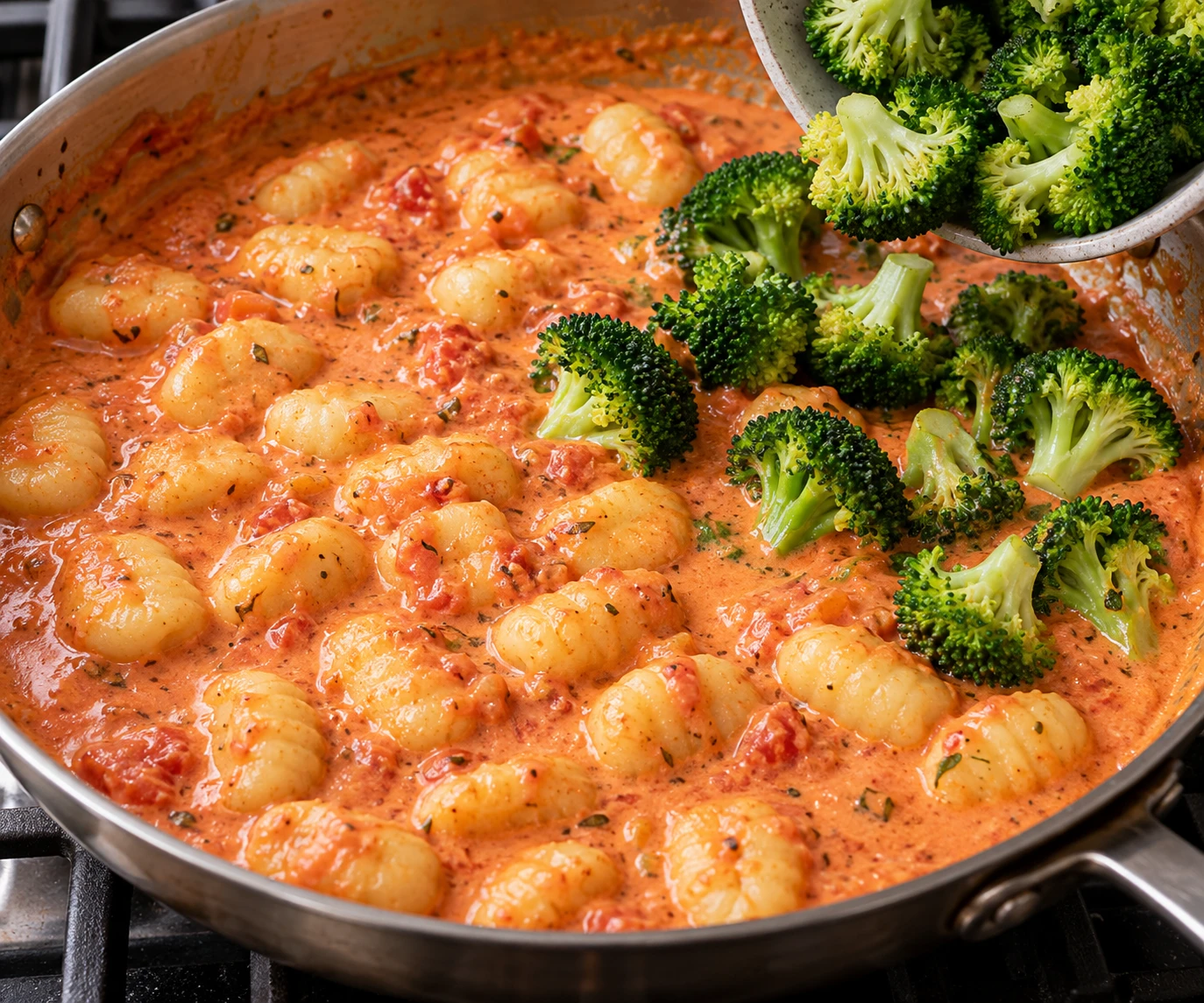 Potato gnocchi simmer in tomato cream sauce as small broccoli florets are added to the skillet.